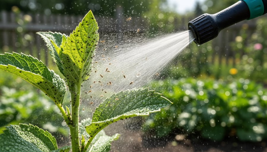Gardener using water spray to remove aphids from kale leaf