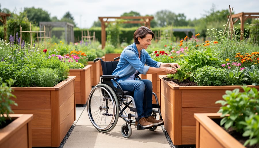 Person in wheelchair tending to herbs in wooden raised garden bed at accessible height