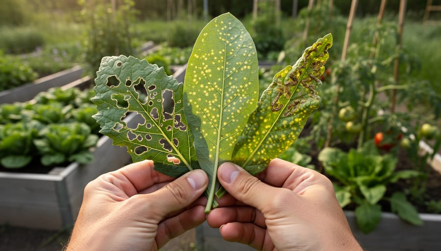Close-up of vegetable leaves showing aphid clusters and insect damage in garden setting
