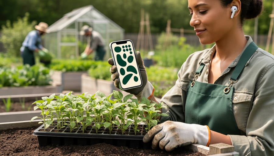 Gardener wearing earbuds holds a smartphone showing a high-contrast, text-free garden plan with dark green shapes on a light cream screen beside a tray of seedlings, with raised beds and a small greenhouse softly blurred in the background.
