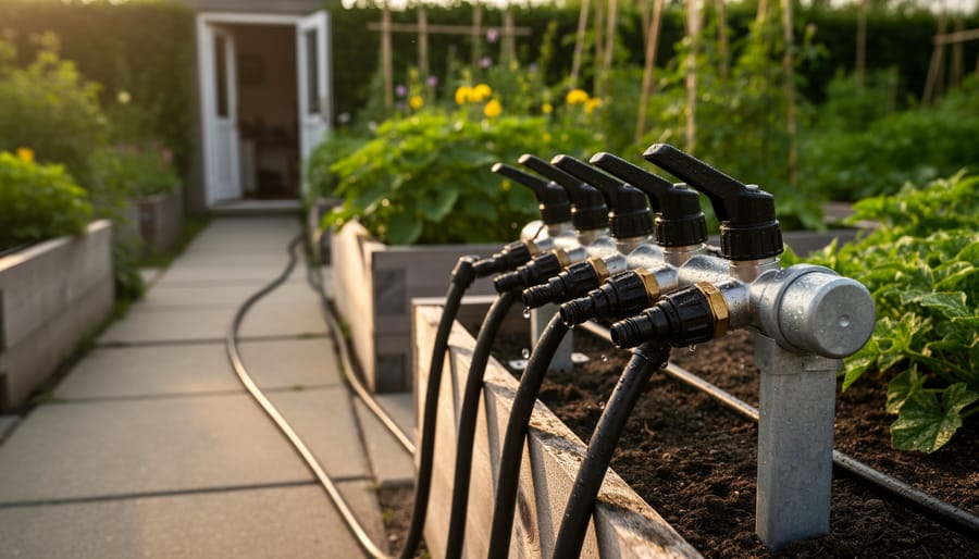 Waist-height garden irrigation manifold with ergonomic lever valves and quick-release couplers connected to drip tubing and a soaker hose in raised beds; a hand adjusts a valve while a paved accessible path and doorway blur in warm evening light.