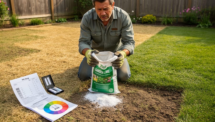 Gardener applying lime amendment to soil around vegetable plants