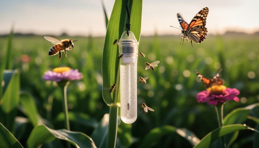 Thriving vegetable garden with beneficial insects including butterflies and bees on flowering plants