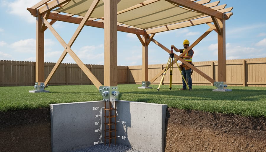 Builder installing wooden posts and cross-bracing for garden shade structure