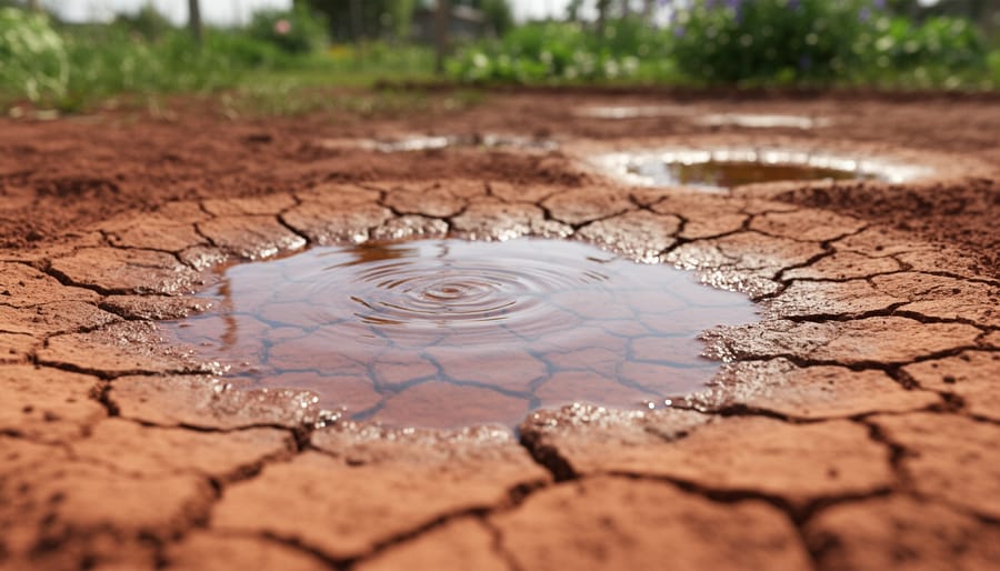 Close-up overhead view of clay soil texture being excavated with shovel
