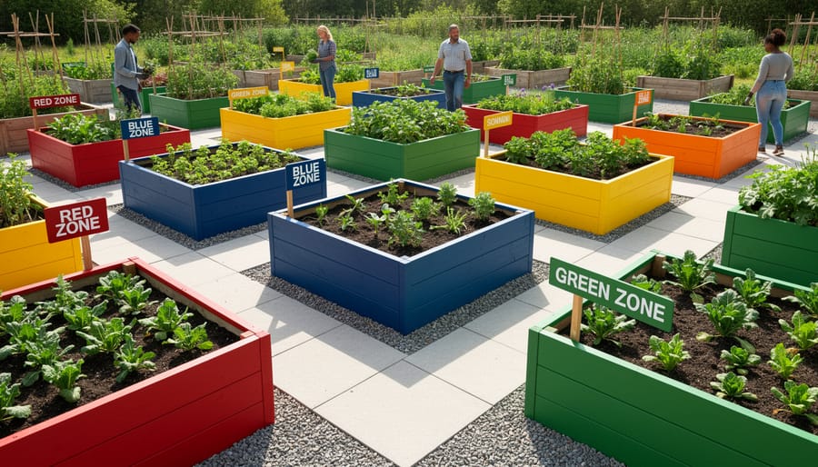 Colorful raised garden beds with bright painted frames arranged with clear pathways