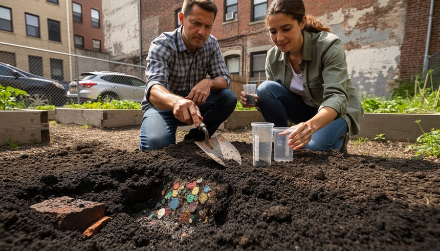 Close-up of contaminated urban soil showing paint chips and metal fragments