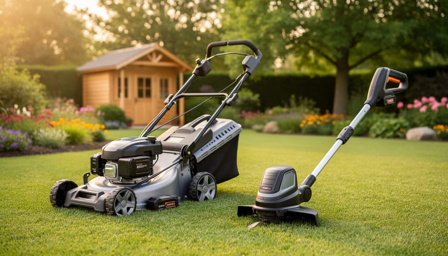 Cordless electric lawn mower and string trimmer with lithium-ion battery packs on a neatly cut suburban lawn at golden hour, with garden beds and a small shed softly blurred in the background