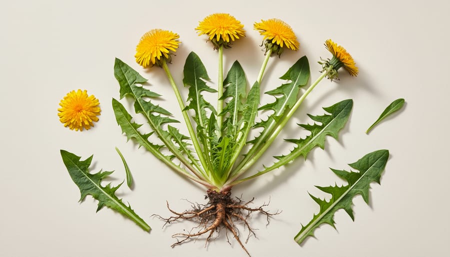 Close-up of bright yellow dandelion flower with green serrated leaves in lawn