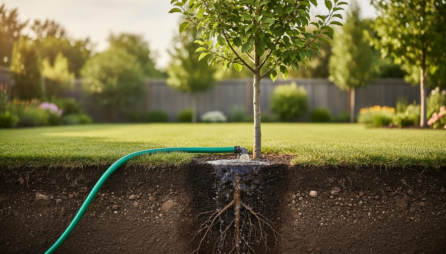 Close-up of water soaking deep into soil around tree roots