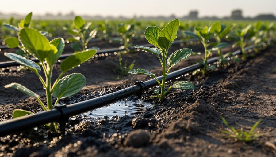 Drip irrigation system installed in mulched garden bed around drought-tolerant plants