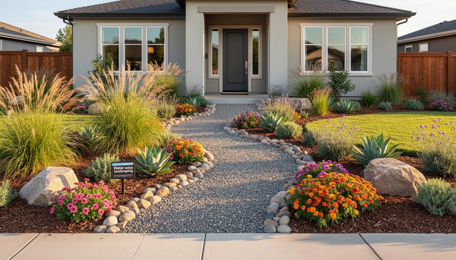 Drought-resistant front yard landscape with ornamental grasses, colorful perennials, and decorative rock features