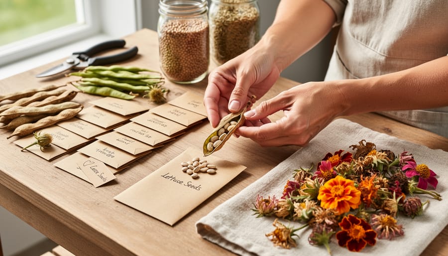Overhead view of various dried seed pods and flower heads on wooden table showing seeds ready for dry processing