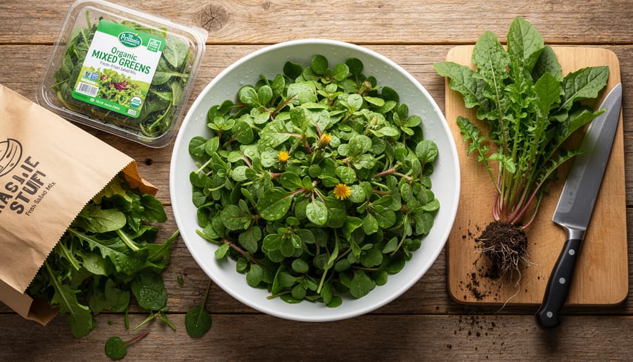 Fresh edible weeds including dandelion greens and purslane arranged on wooden cutting board