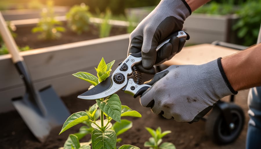 Close-up of gloved hands using ergonomic rotating-handle pruners with cushioned grip to cut a plant stem in warm sunlight; blurred background with raised beds, an angled-grip spade, and a rolling garden seat.