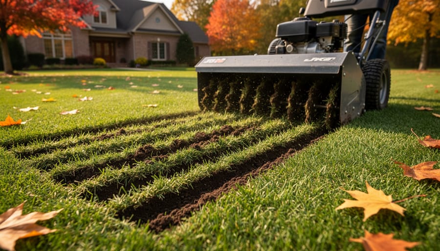 Homeowner aerating lawn in fall with mechanical aerator