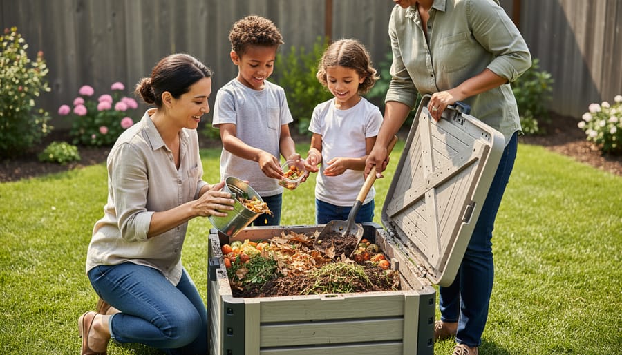 Family adding kitchen scraps to wooden backyard compost bin together