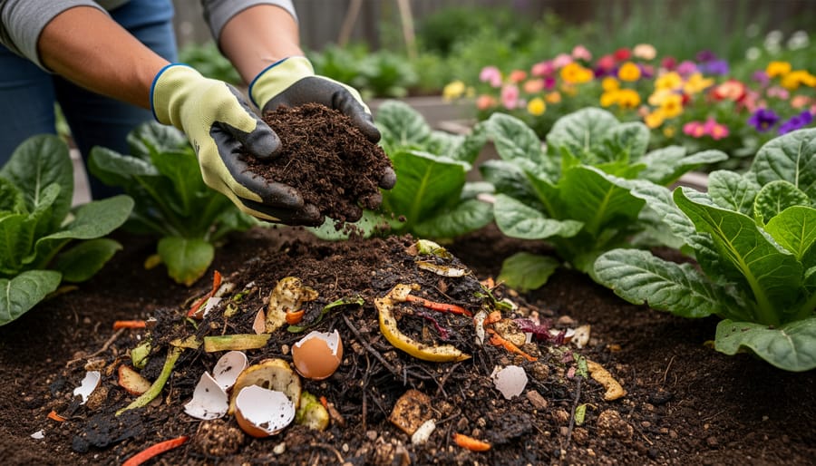 Hands holding rich dark compost soil with visible organic matter and earthworms