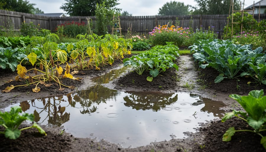 Flooded residential yard with standing water pooled in low areas after rain