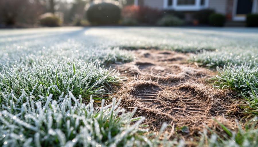 Footprint damage on frozen grass lawn showing brown crushed areas