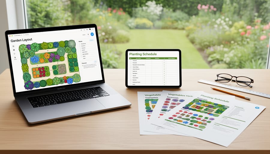 Garden planning materials including layout paper, pencil, and seed packets arranged on wooden potting bench