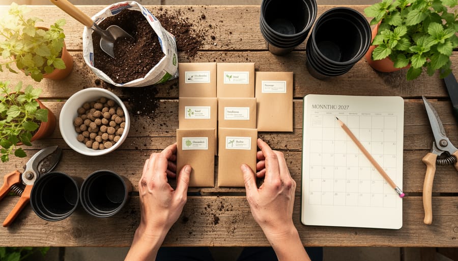 Bird’s-eye view of a gardener’s hands arranging plain seed packets, potting mix, fertilizer granules, and nursery pots beside a blank planner and pencil on a wooden potting bench, lit by soft natural daylight.