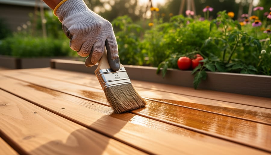 Close-up of a gloved hand applying a clear, plant-based low-VOC wood finish to sunlit cedar deck boards, with blurred raised herb and flower beds in the background under warm golden-hour light.