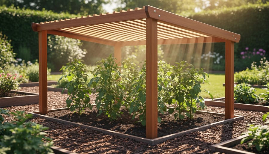Garden pergola with shade cloth covering vegetable beds below
