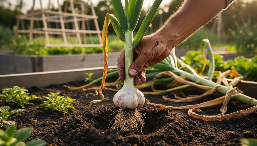 Hand lifting a freshly harvested garlic bulb from garden soil with intact roots and papery skin, lower leaves browning and upper leaves green, soft daylight, blurred raised beds in the background.