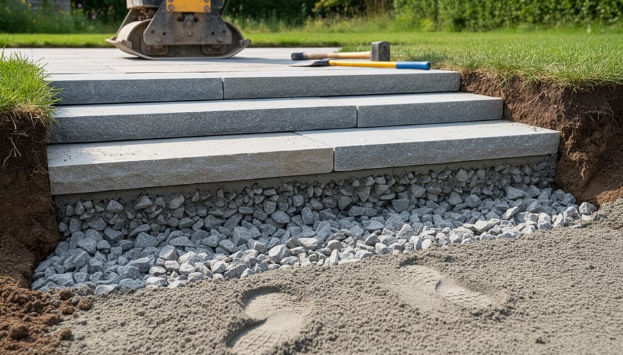 Compacted gravel base preparation for hardscape step construction with level tool