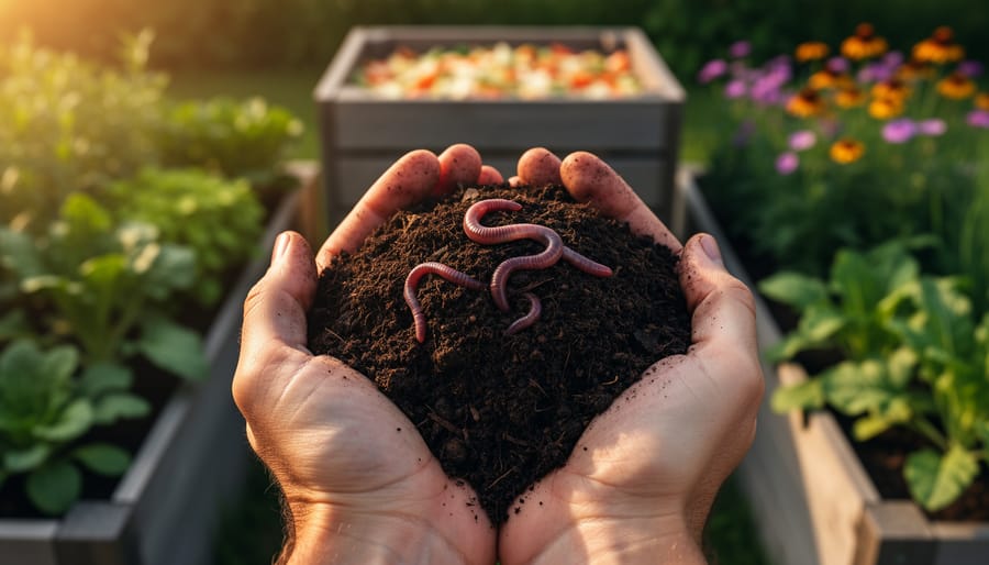 Cupped hands hold rich dark compost with a few earthworms above a vegetable garden bed at golden hour, with raised beds, a wooden compost bin, and pollinator flowers softly blurred in the background.