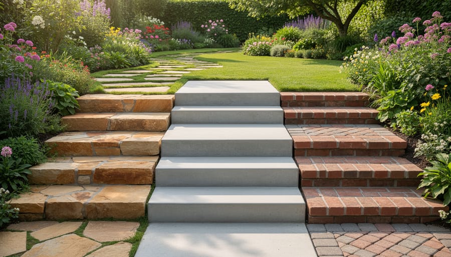 Comparison of three hardscape materials including natural stone, concrete pavers, and brick