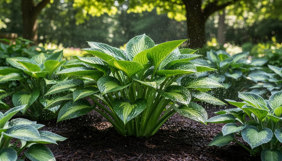 Healthy variegated hosta plant with water droplets in thriving shade garden