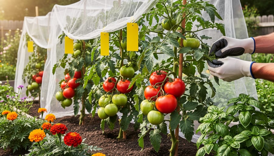 Ripe red tomatoes growing on healthy vine with gardener's hand