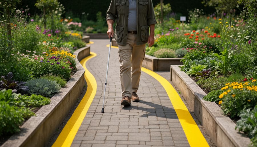 Garden pathway with bright yellow contrast edging defining the walking surface