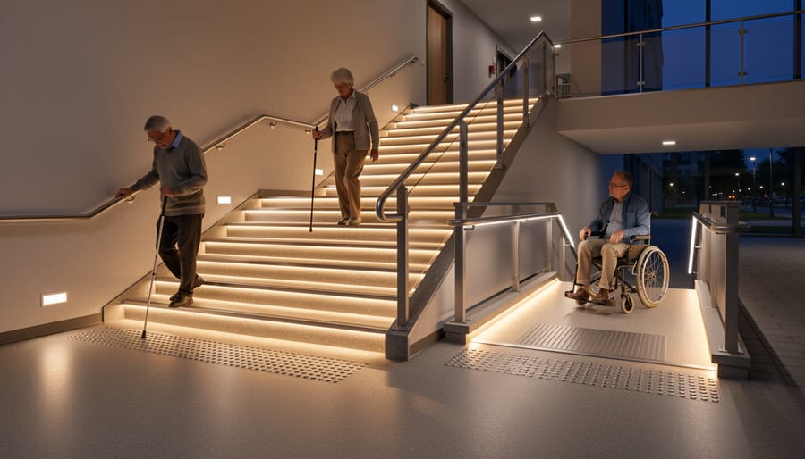 Garden steps with LED lighting strips embedded in edges illuminating each level change