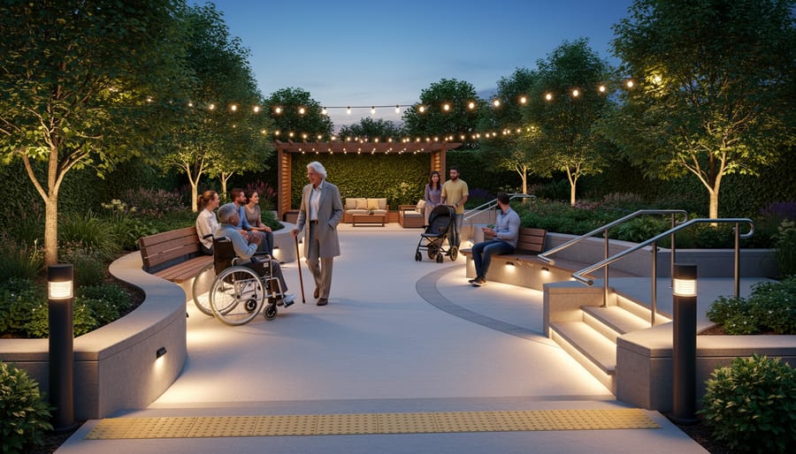 Multigenerational family enjoying illuminated garden patio area in the evening with accessible pathway lighting visible