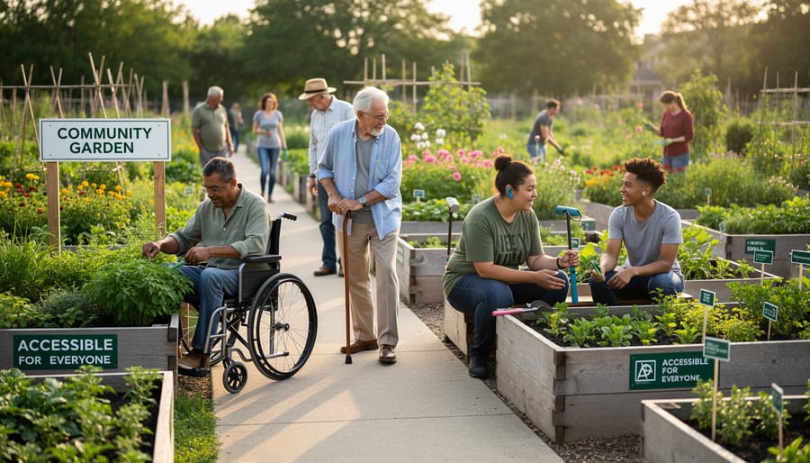 Diverse group of gardeners of different ages working together in a colorful flower and vegetable garden