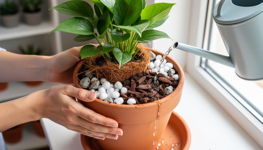 Close-up of hands repotting an indoor plant into a terracotta pot with drainage holes, using a chunky mix of coco coir, perlite, pine bark, and pumice as a watering can pours and excess water drips into a saucer; softly lit room with other houseplants blurred behind.