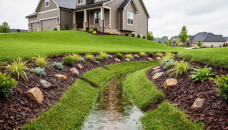 Landscaped swale with grass directing water drainage in residential yard