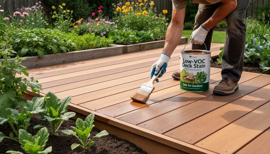 Hand applying low-VOC stain to wooden deck with healthy garden plants visible nearby