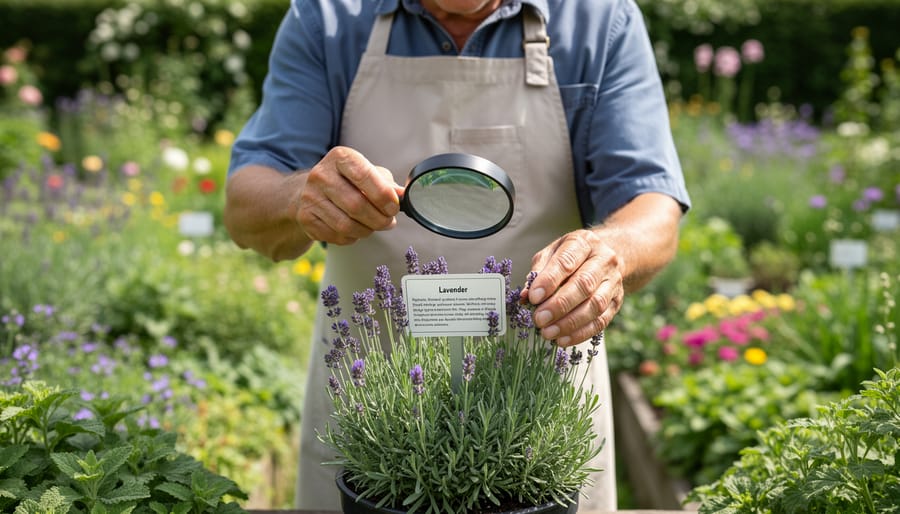 Senior gardener using handheld magnifier to read plant label in raised garden bed