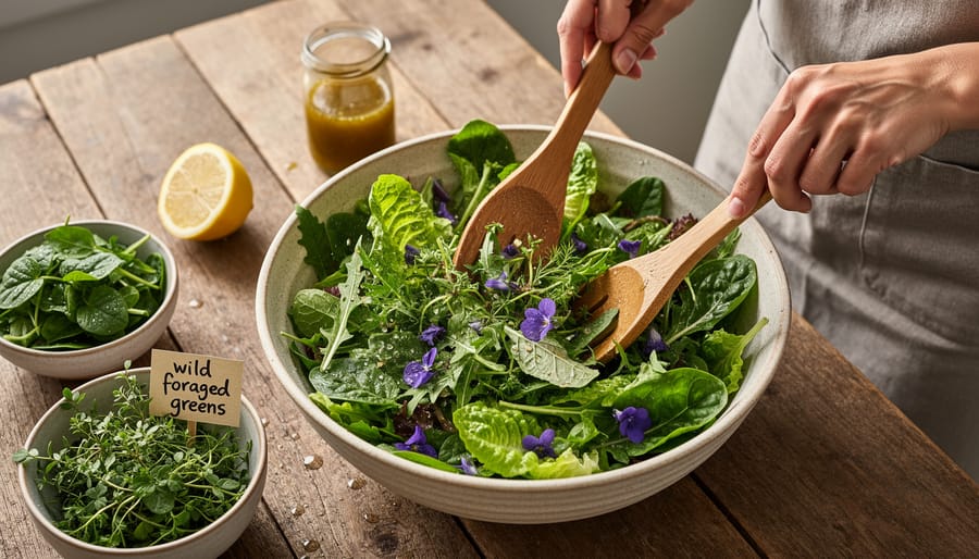 Fresh salad bowl containing mixed greens with foraged edible weeds and flowers