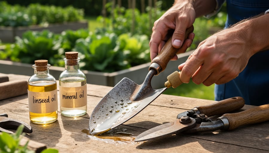 Hands applying natural oil to garden tool blade for rust prevention