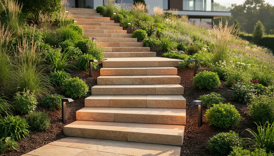 Natural stone steps ascending through a garden landscape with plants on both sides