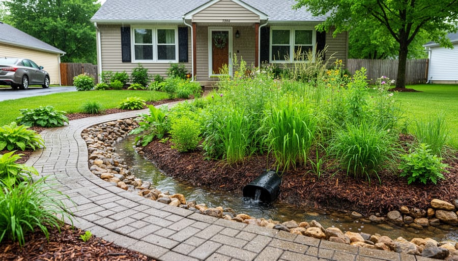 Suburban front yard with a rain garden of native plants, a curving bioswale, and a permeable paver walkway, with a downspout directing water into the plantings under soft overcast light.