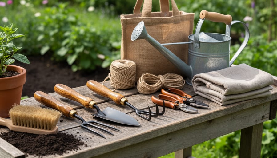 Collection of wooden-handled gardening hand tools arranged on workbench