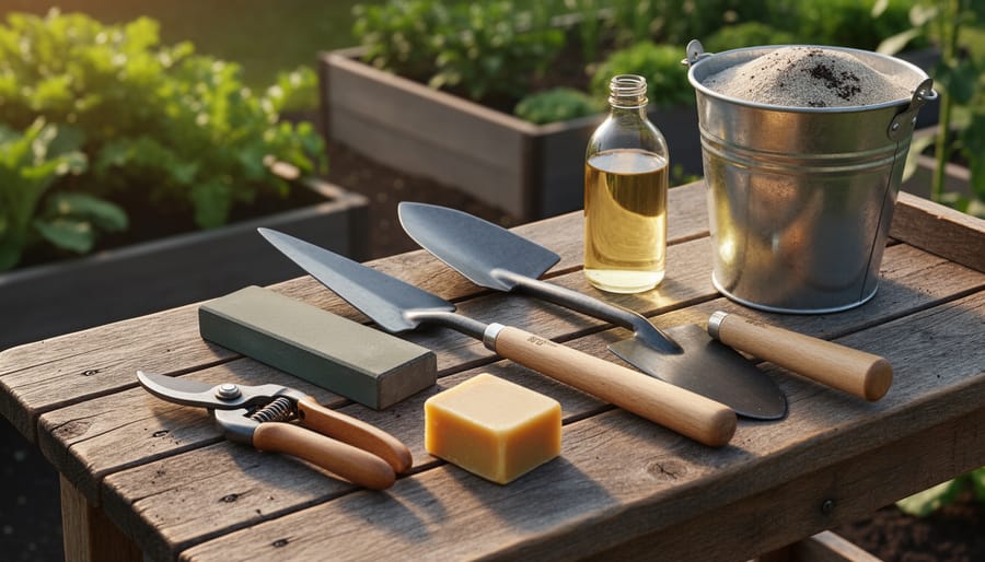 Clean wooden-handled pruners, hoe, and spade on a potting bench with beeswax, mineral oil, whetstone, and oiled sand bucket, with blurred raised garden beds in warm evening light.