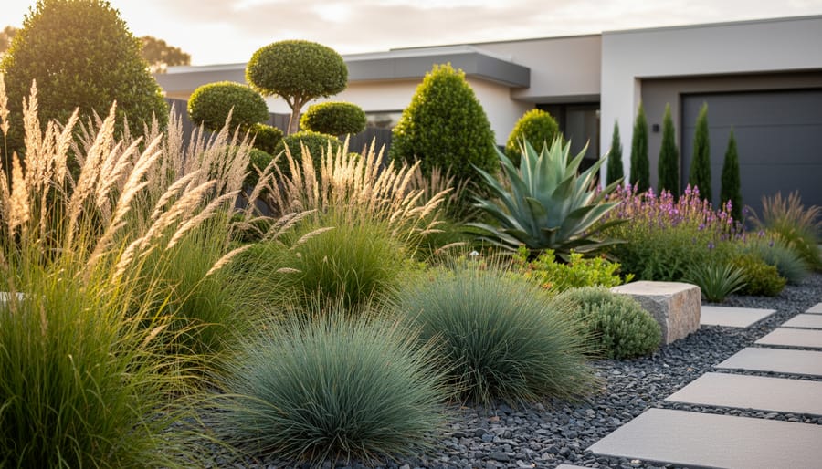 Collection of drought-tolerant ornamental grasses and succulents showing variety of textures and colors