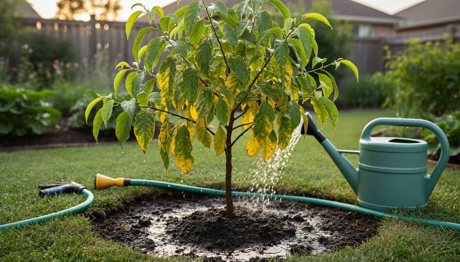 Close-up of yellowing and wilting tree leaves showing overwatering symptoms